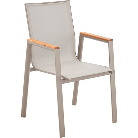 Outdoor Sling Armchair With Teakwood Armrests, Tan